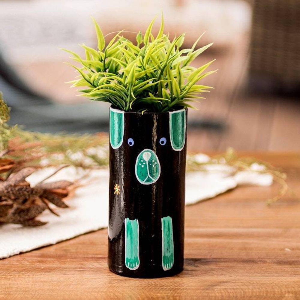 Ceramic Dog Utensil Pen Holder and Decorative Vase in Black 'Black Canine Organizer'