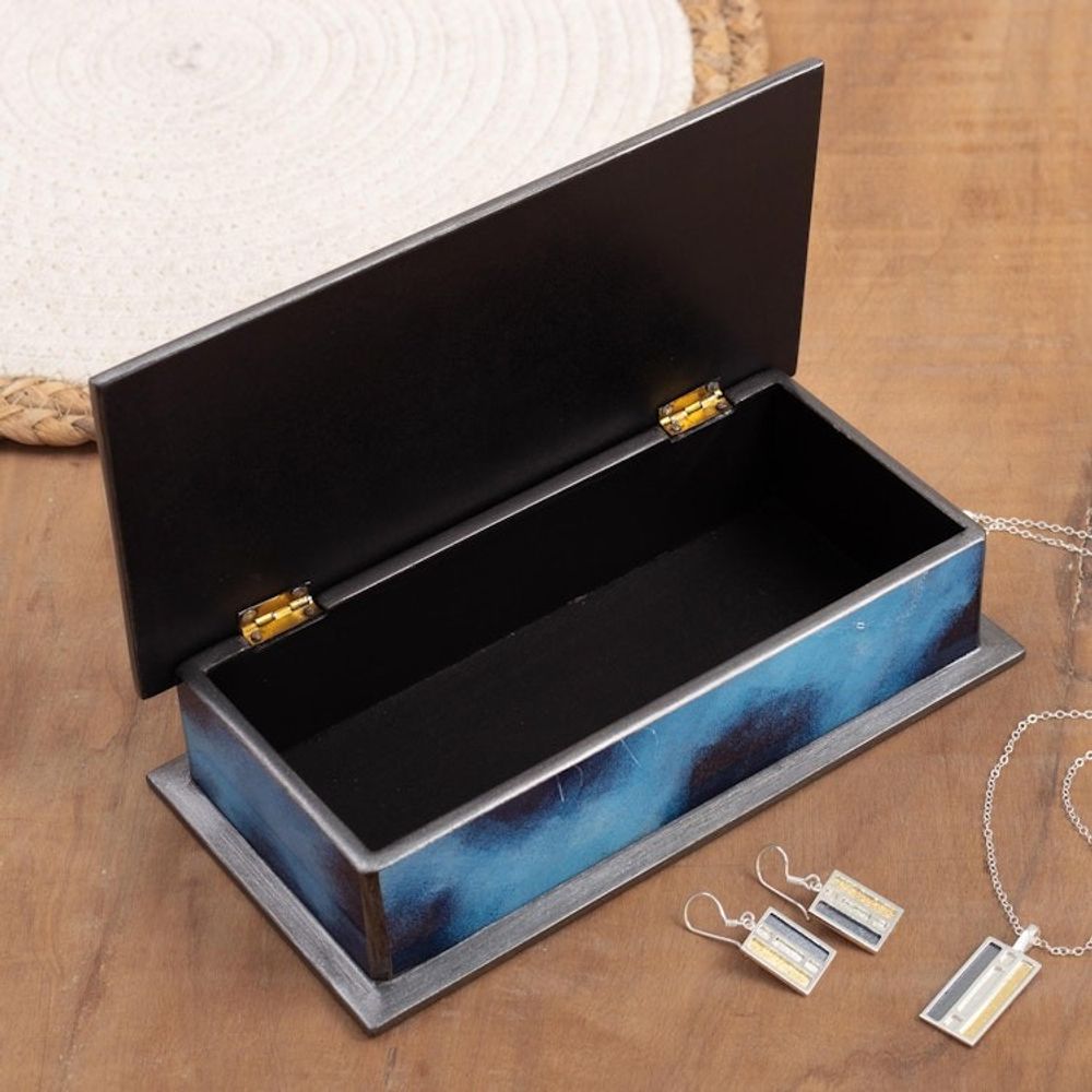 Artisan Crafted Wood and Glass Decorative Box 'Ocean Harmony in Blue'