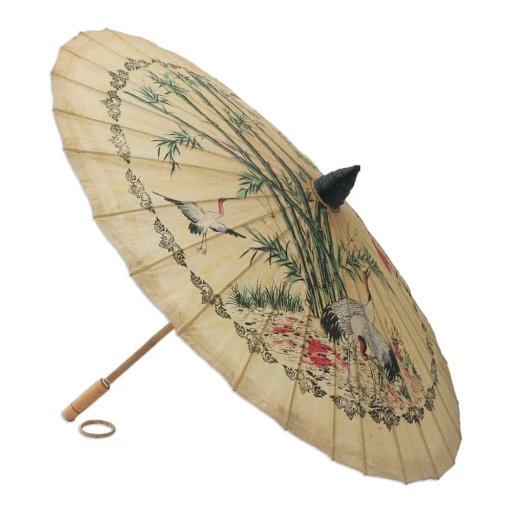 Paper And Bamboo Parasol with Asian Crane Motif 'Crane Morning'