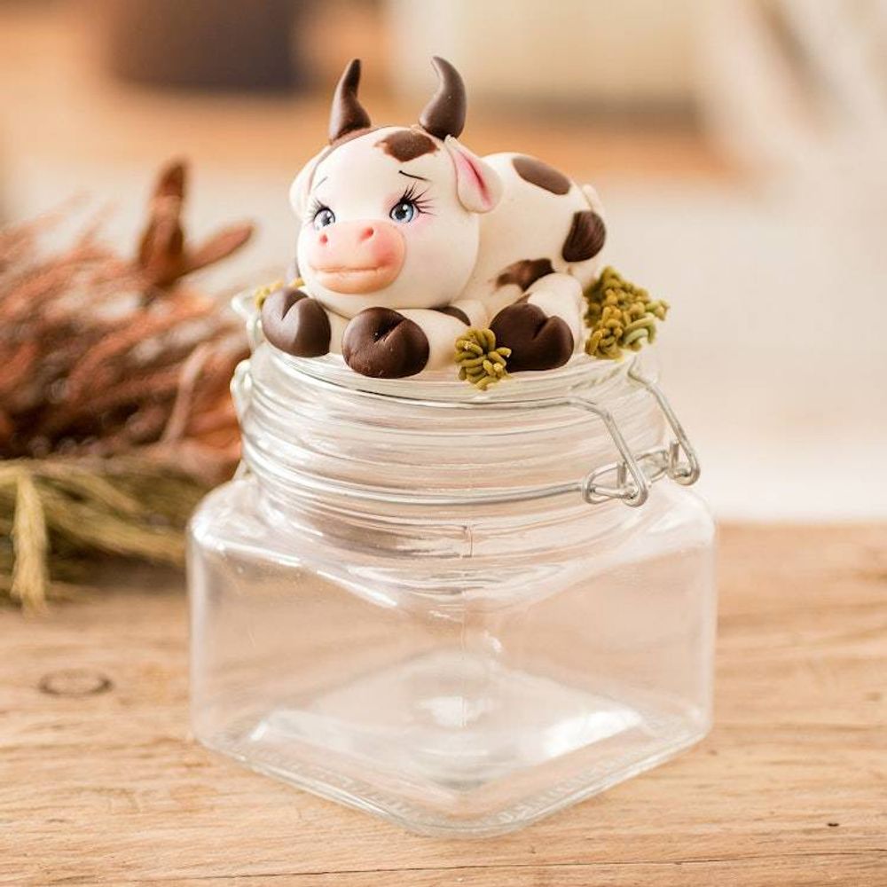 Hand-Painted Cow-Themed Papier Mache Decorative Jar 'Tenderness'