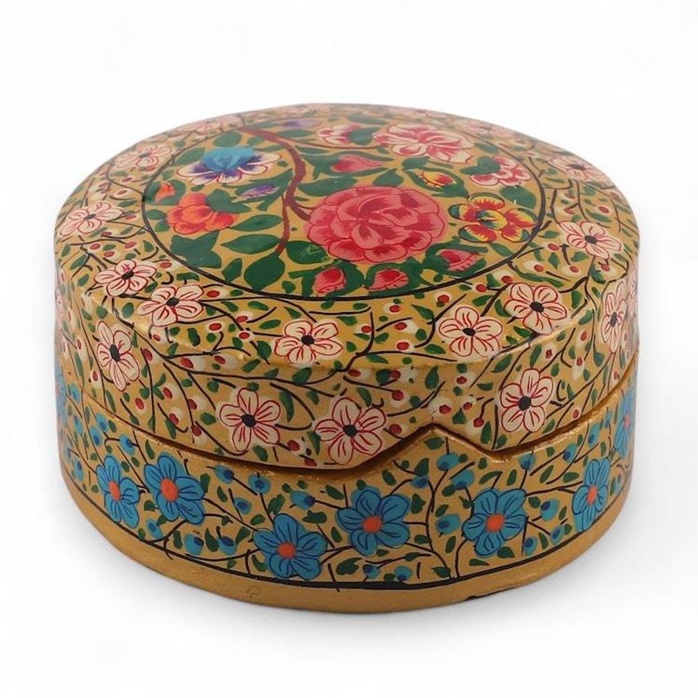 Baroque-Inspired Floral Round Papier Mache Decorative Box 'The Eternal Spring'