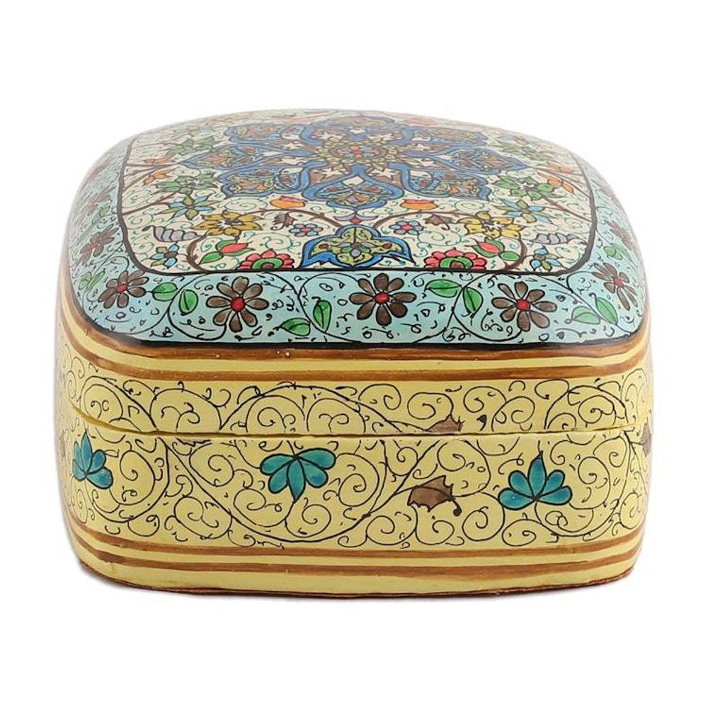 Hand-Painted Papier Mache on Wood Decorative Box from India 'Floral Majesty'