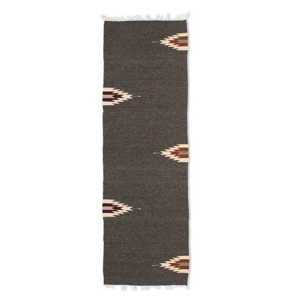 Handwoven Geometric Dark Grey Zapotec Wool Runner 2x6 'Grey Gleams'