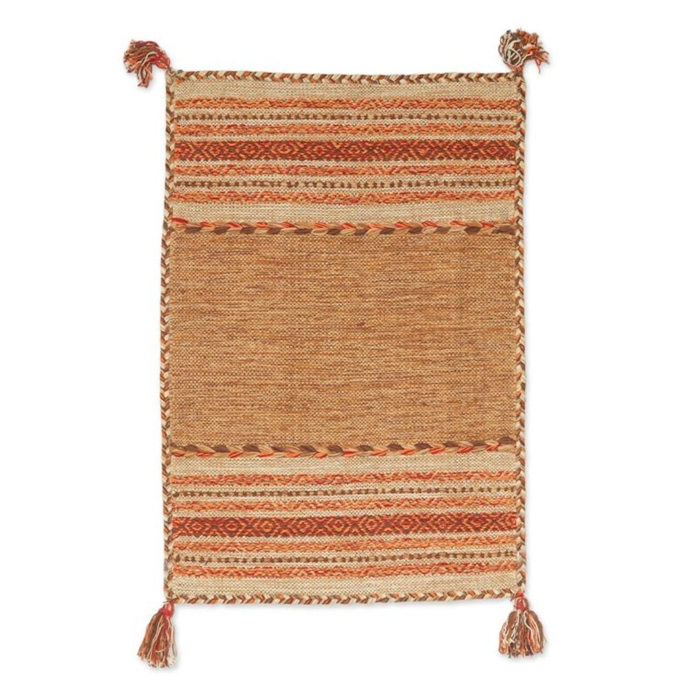 Hand Woven Cotton Geometric Dhurrie Rug from India 2x3 'Delhi Delight in Brown'