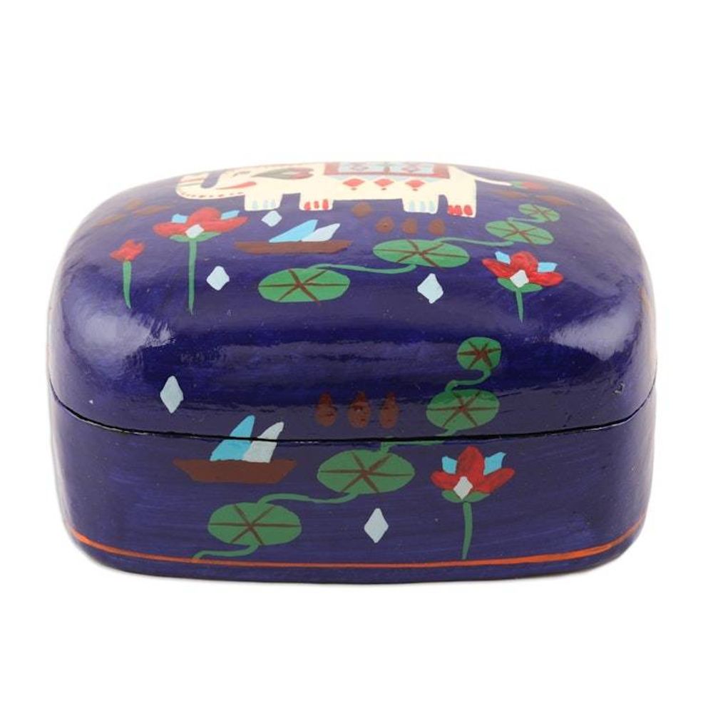 Hand Painted Papier Mache Elephant-Motif Box 'Midnight Tale'