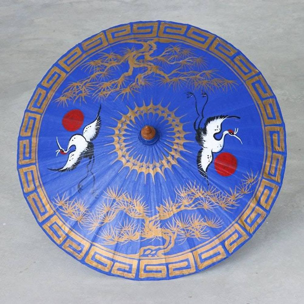 Hand-Painted Bamboo and Cotton Parasol 'Happy Cranes in Blue'