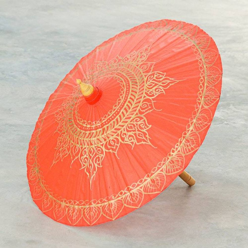 Cotton and Bamboo Thai Parasol Hand-Painted in Orange Gold 'Orange Splendor'