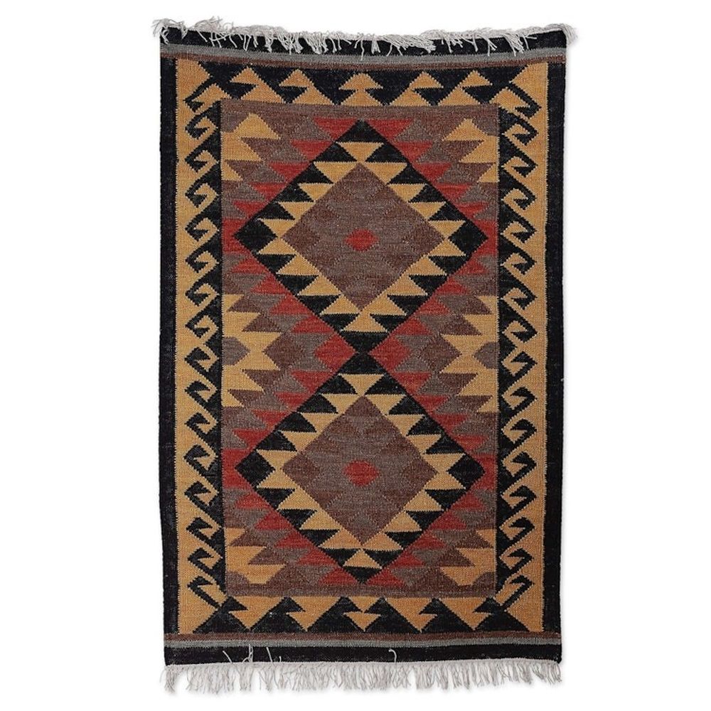 Handmade Diamond-Patterned Wool Area Rug in Warm Hues 3x5 'Classic Manor'