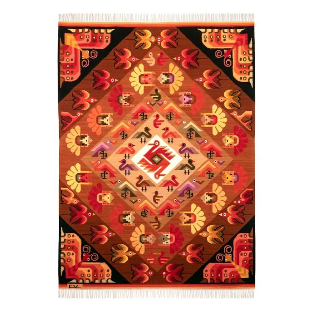 Hand-Woven Wool Bird and Butterfly Themed Area Rug 4x5 'Andean Fauna'