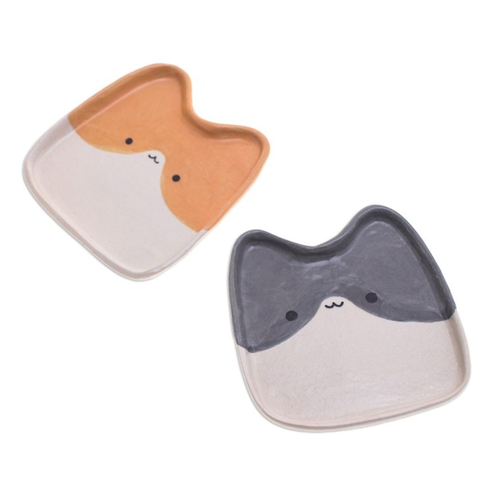 Set of 2 Cat-Shaped Black and Orange Ceramic Catchalls 'Dual Felines'