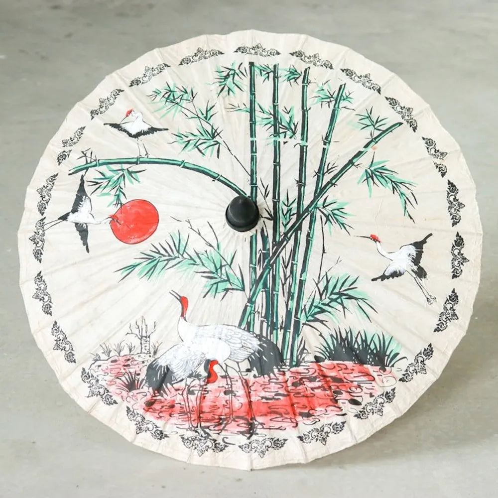 Paper And Bamboo Parasol with Asian Crane Motif 'Crane Morning'