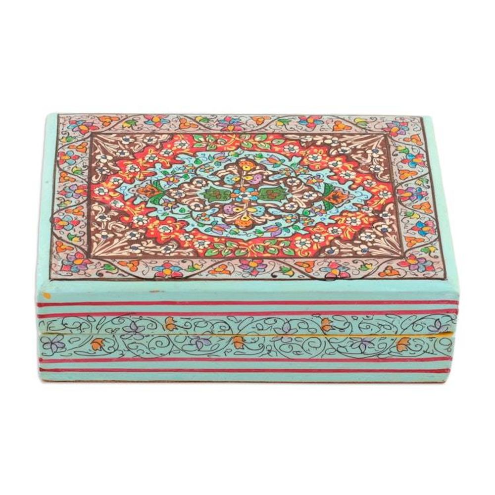 Wood Papier Mache Decorative Box in Blue 'Persian Flower Paradise'