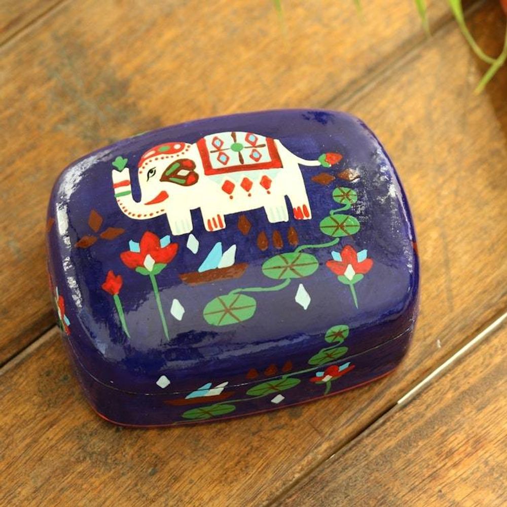 Hand Painted Papier Mache Elephant-Motif Box 'Midnight Tale'