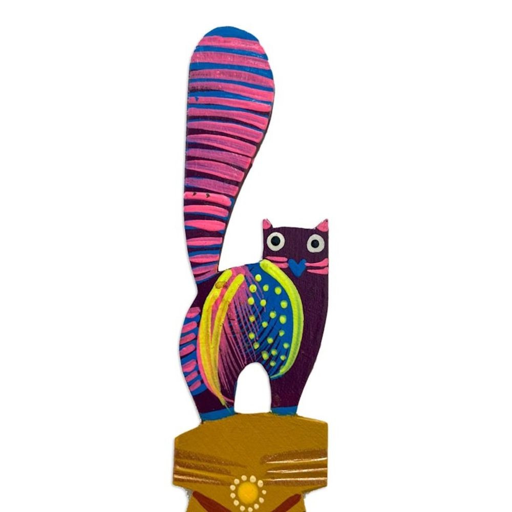 Feline-Themed Copal Wood Bookmark Artisan Carved in Mexico 'Reading Feline'