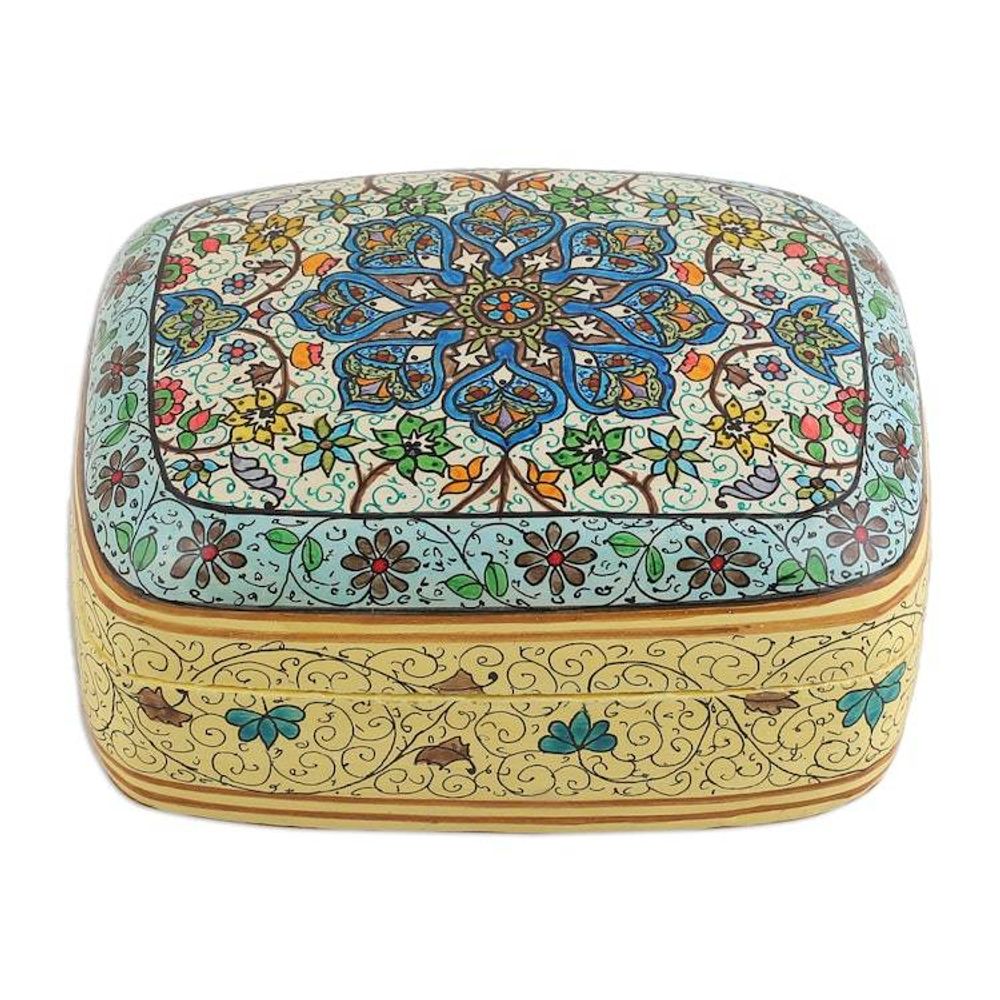 Hand-Painted Papier Mache on Wood Decorative Box from India 'Floral Majesty'