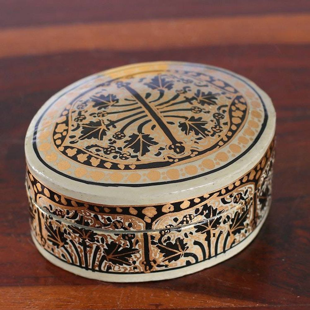 Artisan-Made Leaf-Themed Papier Mache Decorative Box Small 'Kashmir Wonder'
