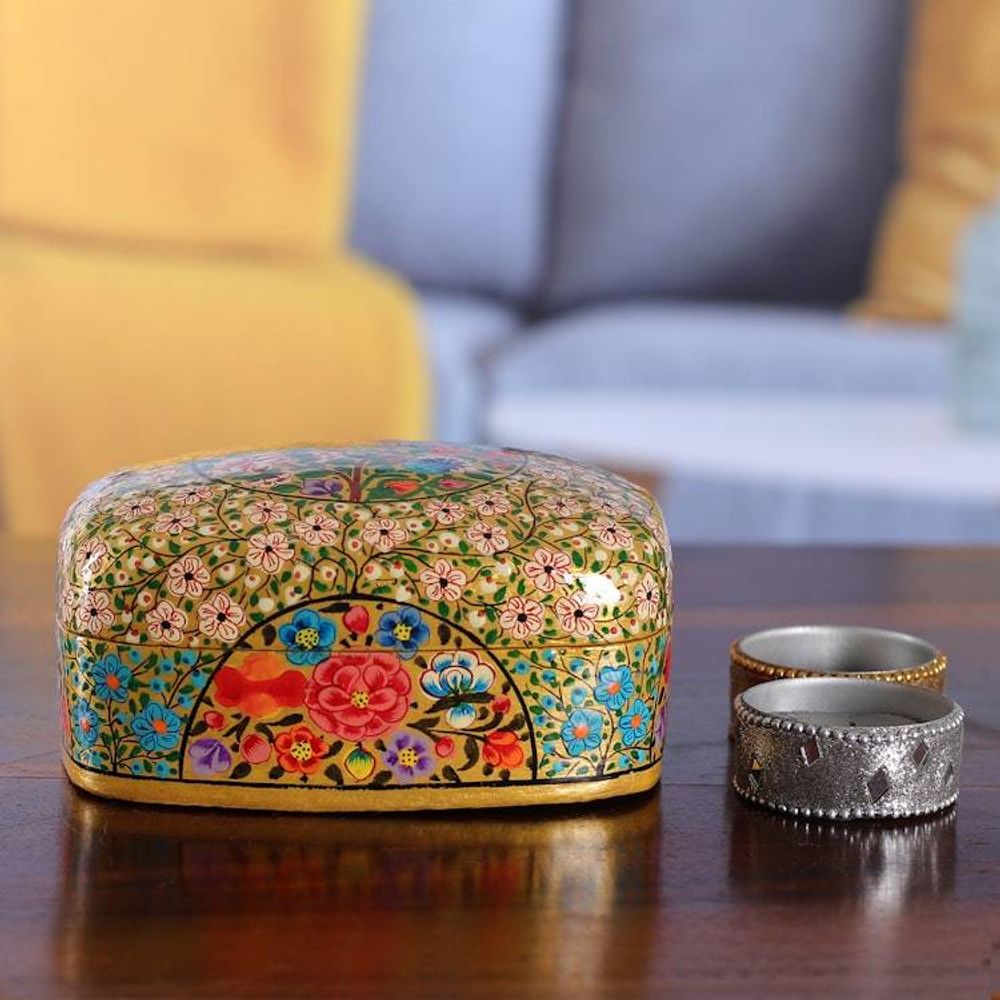 Floral Hand-Painted Papier Mache Decorative Box from India 'The Prosperous Spring'