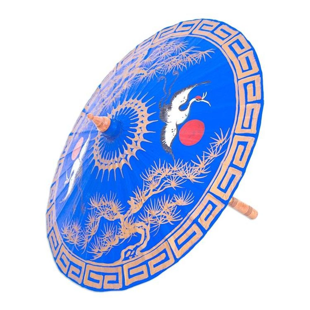 Hand-Painted Bamboo and Cotton Parasol 'Happy Cranes in Blue'