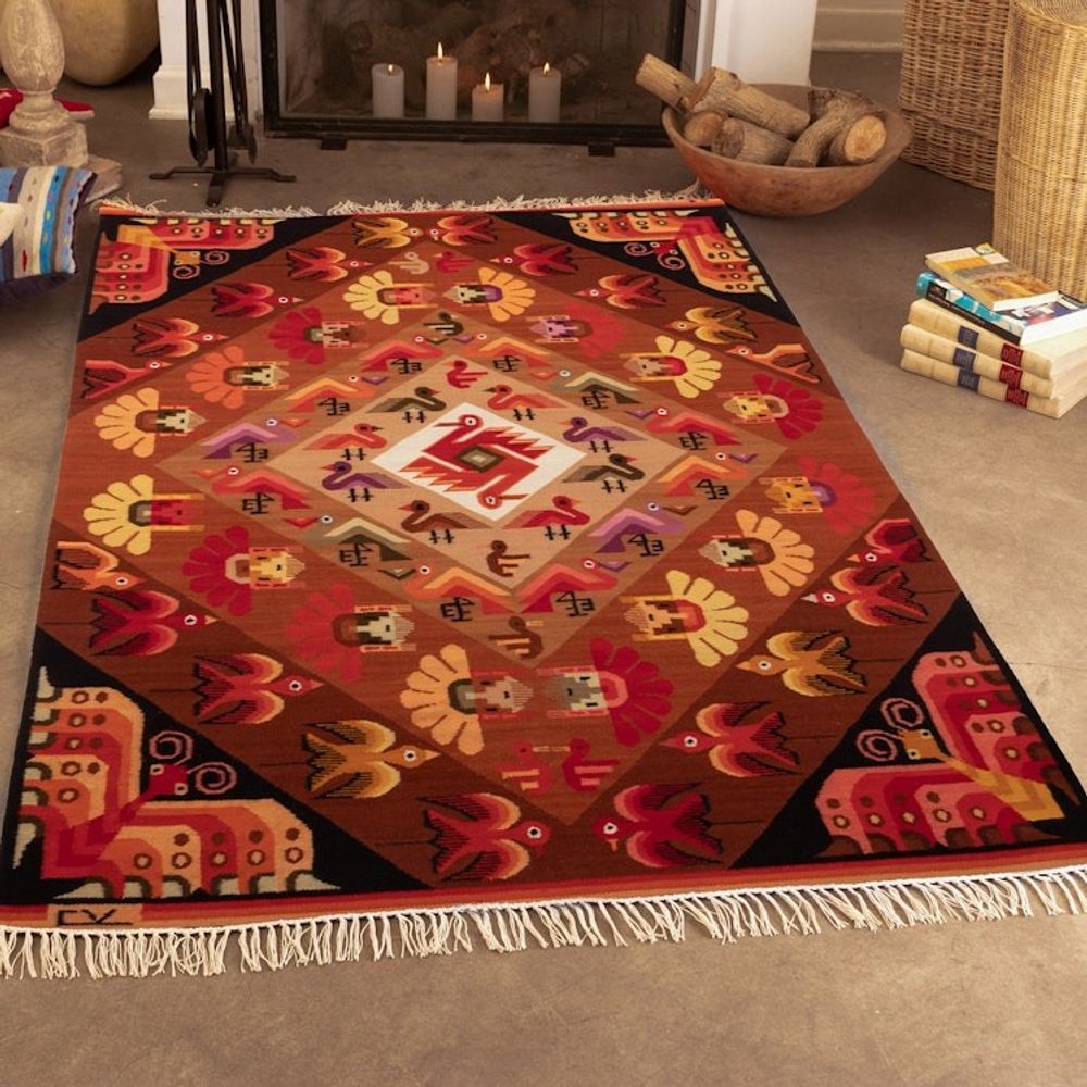Hand-Woven Wool Bird and Butterfly Themed Area Rug 4x5 'Andean Fauna'