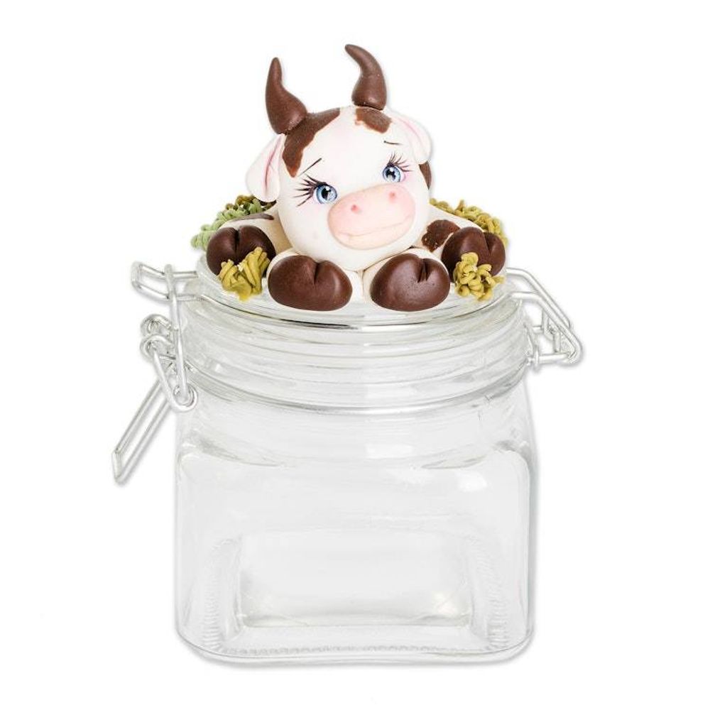Hand-Painted Cow-Themed Papier Mache Decorative Jar 'Tenderness'