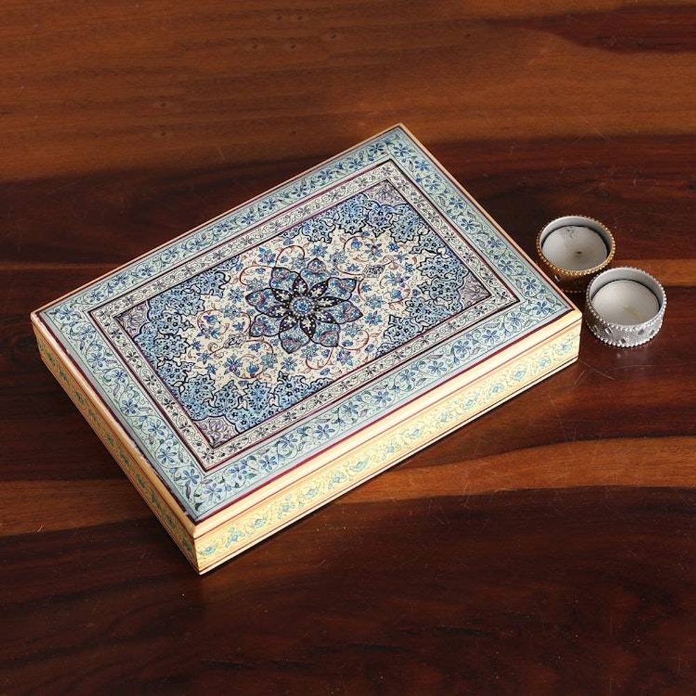 Folk Art Floral Weeping Willow Wood Decorative Box in Blue 'Nocturnal Petals'