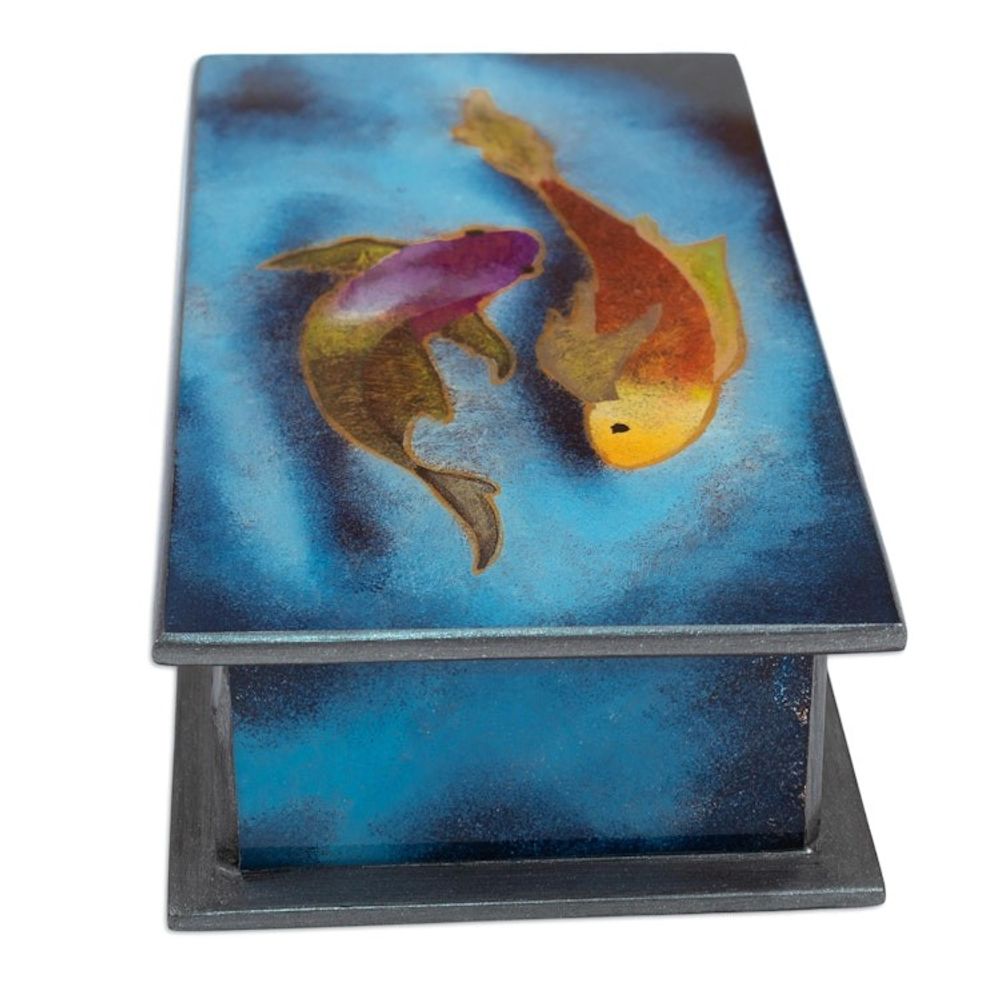 Artisan Crafted Wood and Glass Decorative Box 'Ocean Harmony in Blue'