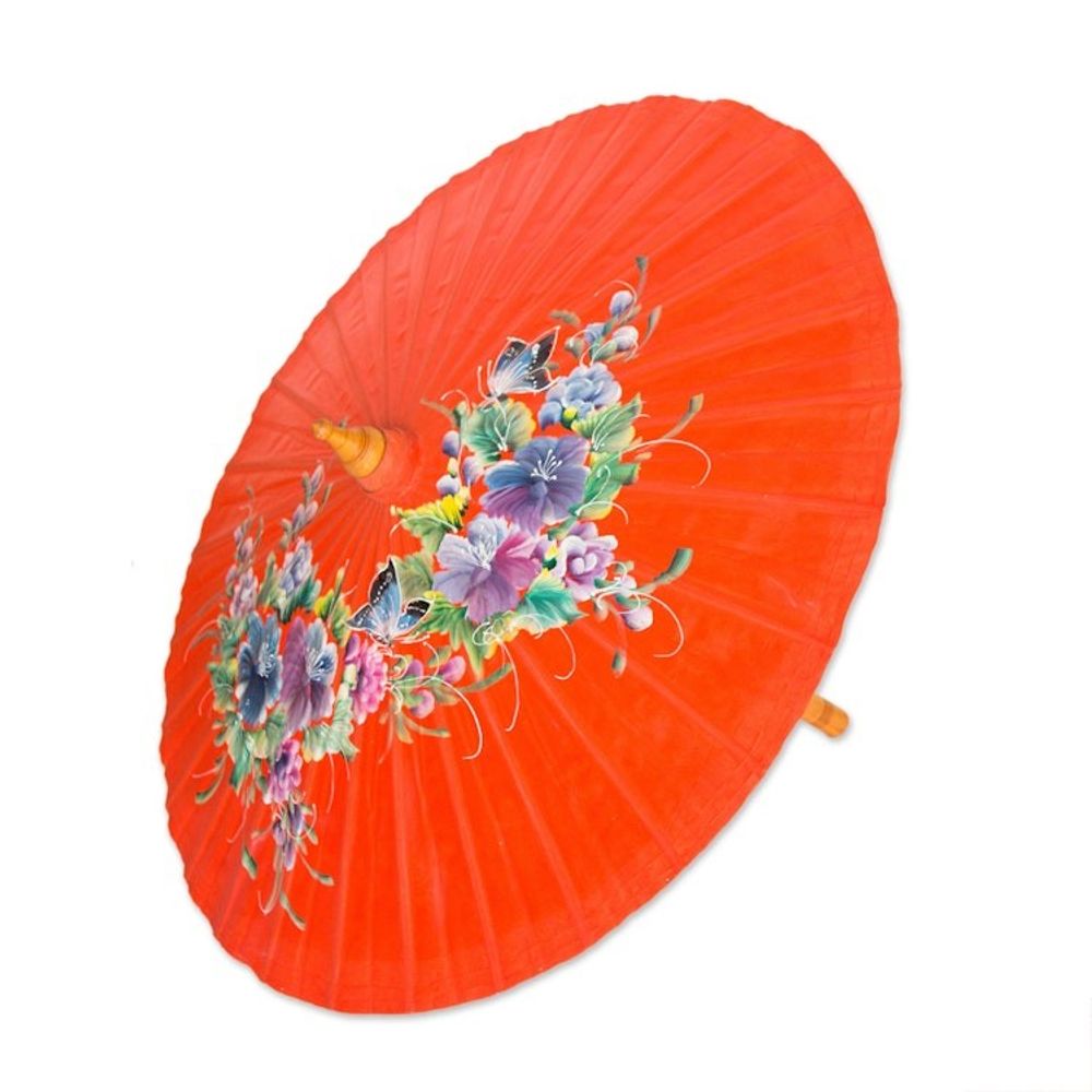 Hand Painted Saa Paper Parasol from Thailand 'Tangerine Garden'