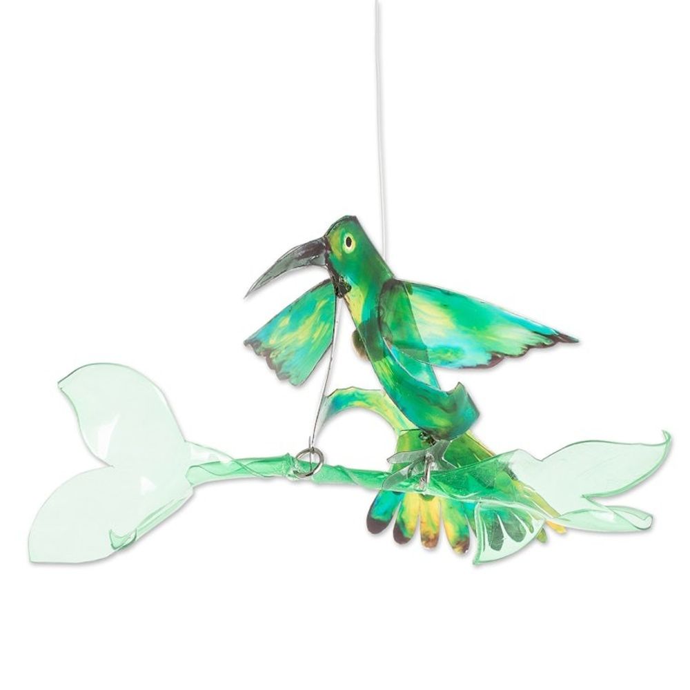 Hand-Painted Recycled Plastic Mobile of a Green Hummingbird 'Magical Fauna'
