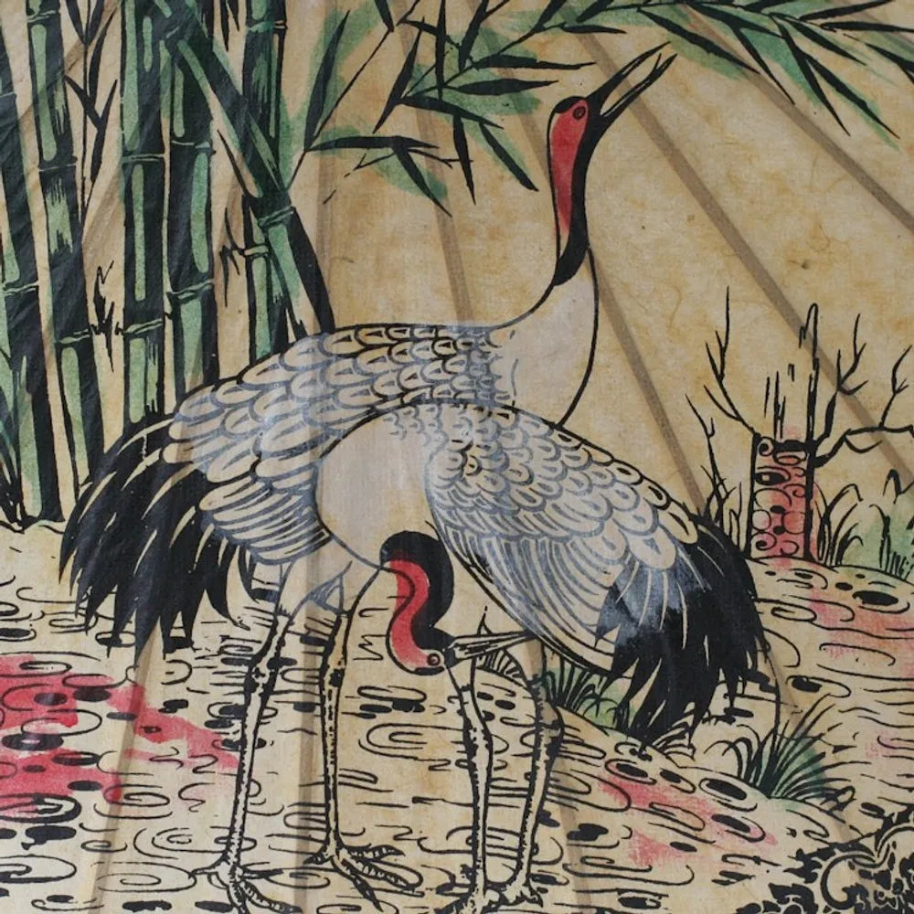 Paper And Bamboo Parasol with Asian Crane Motif 'Crane Morning'