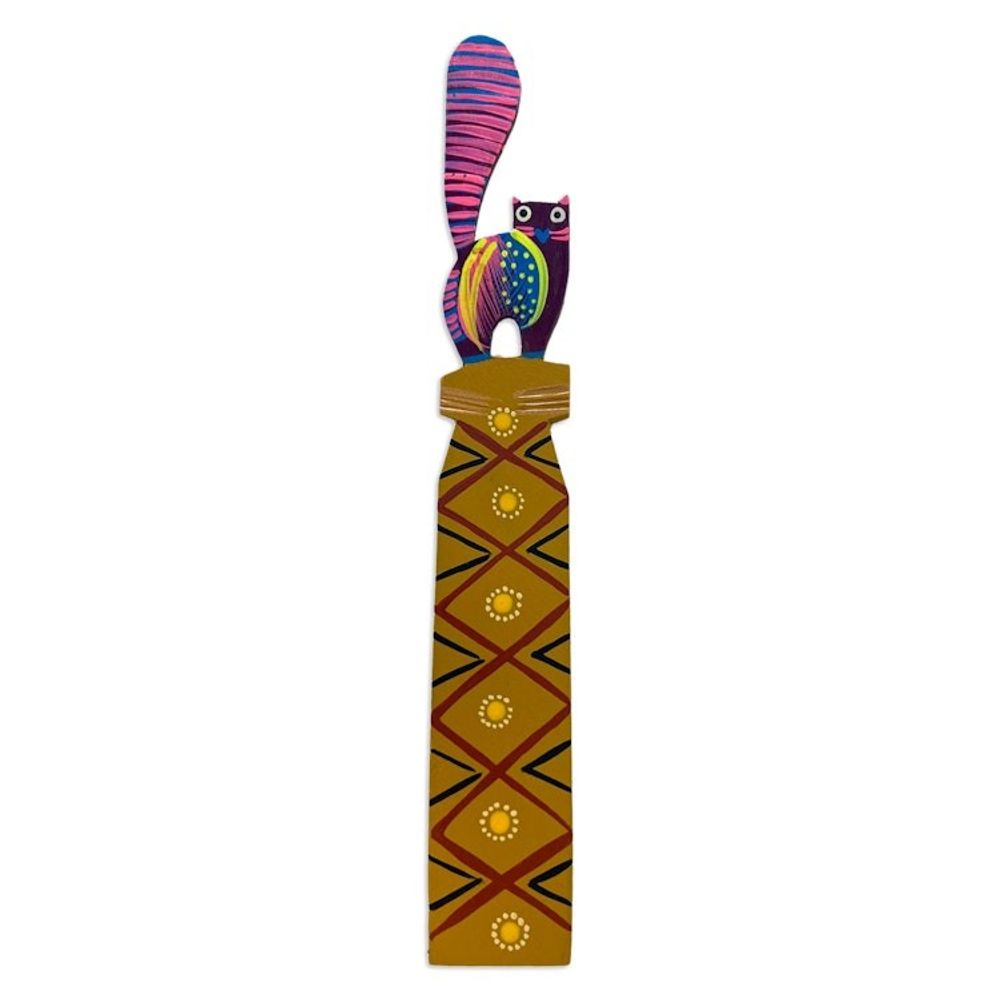 Feline-Themed Copal Wood Bookmark Artisan Carved in Mexico 'Reading Feline'