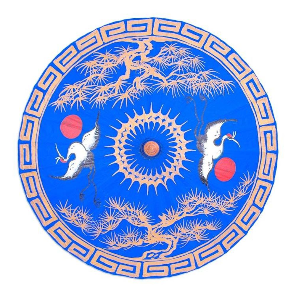 Hand-Painted Bamboo and Cotton Parasol 'Happy Cranes in Blue'