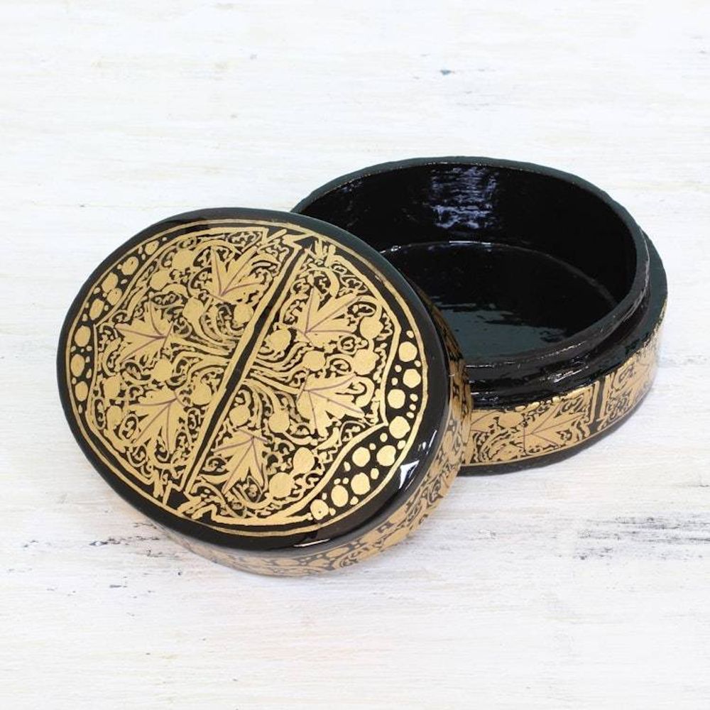Black and Gold Papier Mache Decorative Box from India 'Serene Grandeur'