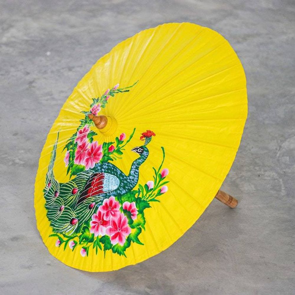 Hand-Painted Peacock-Themed Cotton and Bamboo Parasol 'Sunrise Divinity'