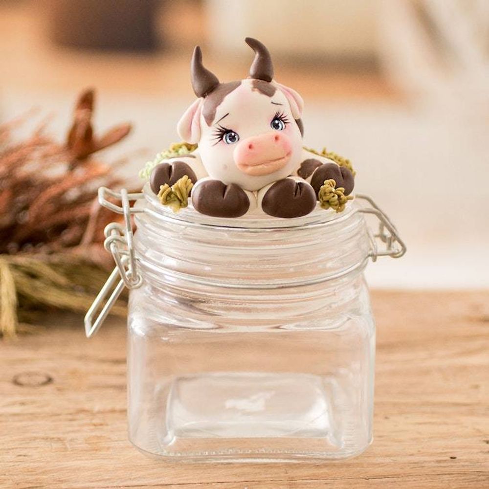 Hand-Painted Cow-Themed Papier Mache Decorative Jar 'Tenderness'