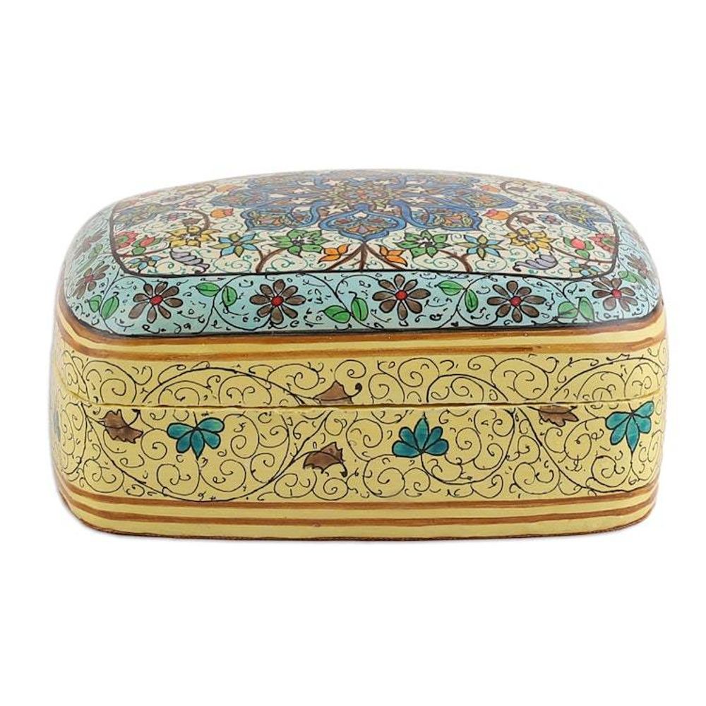 Hand-Painted Papier Mache on Wood Decorative Box from India 'Floral Majesty'