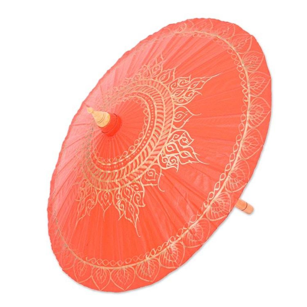 Cotton and Bamboo Thai Parasol Hand-Painted in Orange Gold 'Orange Splendor'