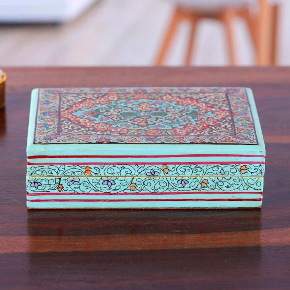 Wood Papier Mache Decorative Box in Blue 'Persian Flower Paradise'
