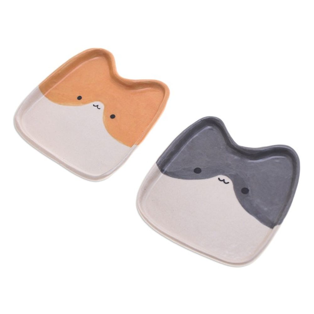 Set of 2 Cat-Shaped Black and Orange Ceramic Catchalls 'Dual Felines'