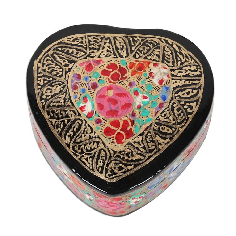 Hand-Painted Floral and Metallic Gold Heart Decorative Box 'Love of Flowers'