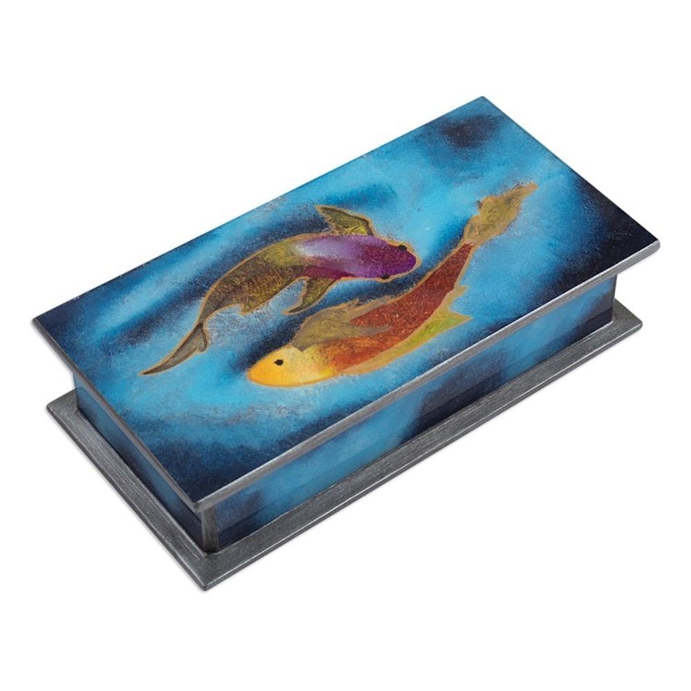 Artisan Crafted Wood and Glass Decorative Box 'Ocean Harmony in Blue'