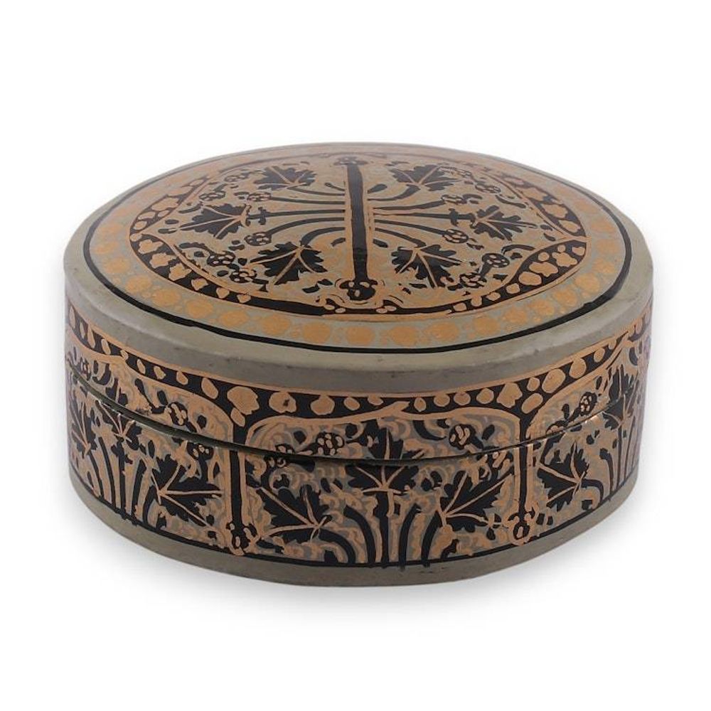 Artisan-Made Leaf-Themed Papier Mache Decorative Box Small 'Kashmir Wonder'