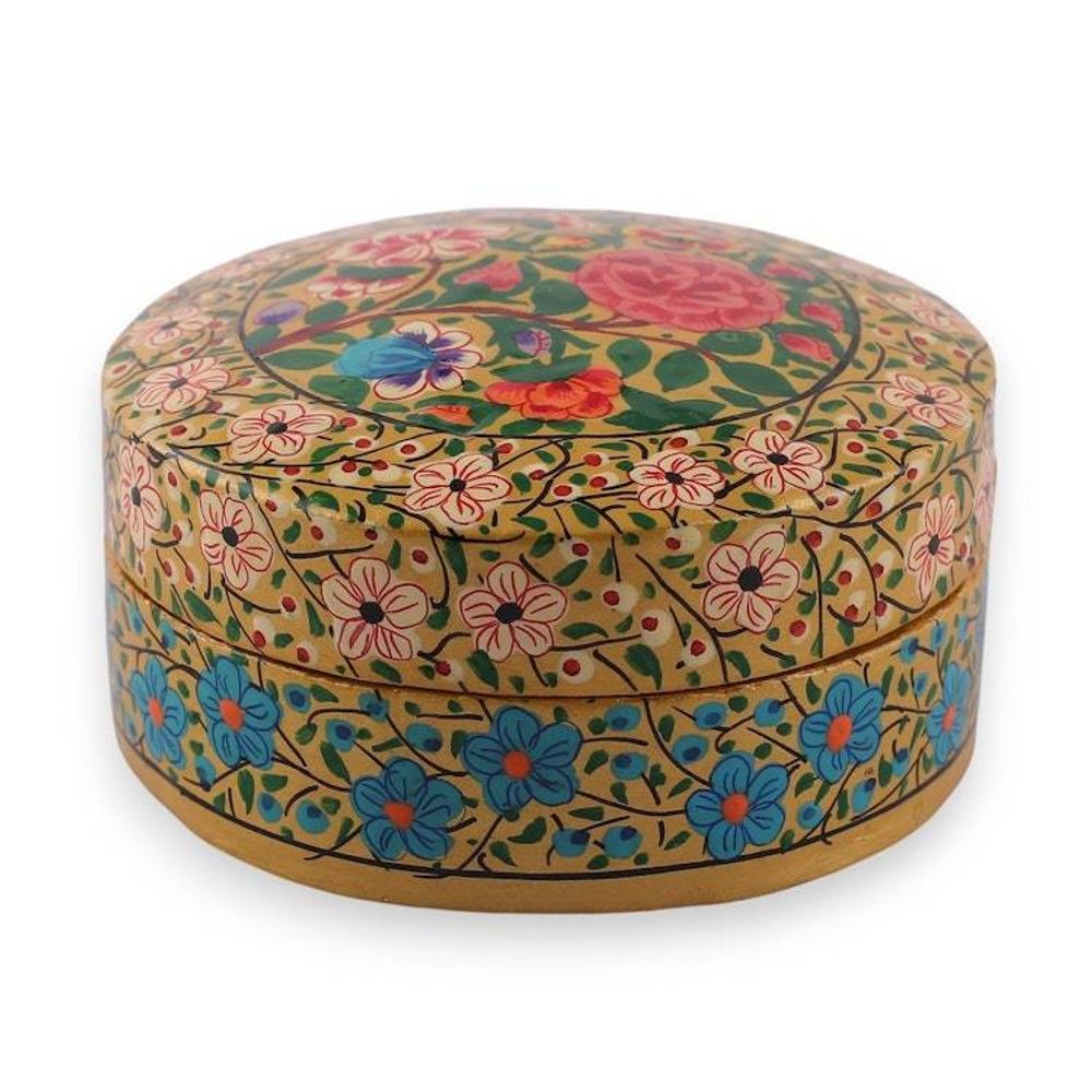 Baroque-Inspired Floral Round Papier Mache Decorative Box 'The Eternal Spring'