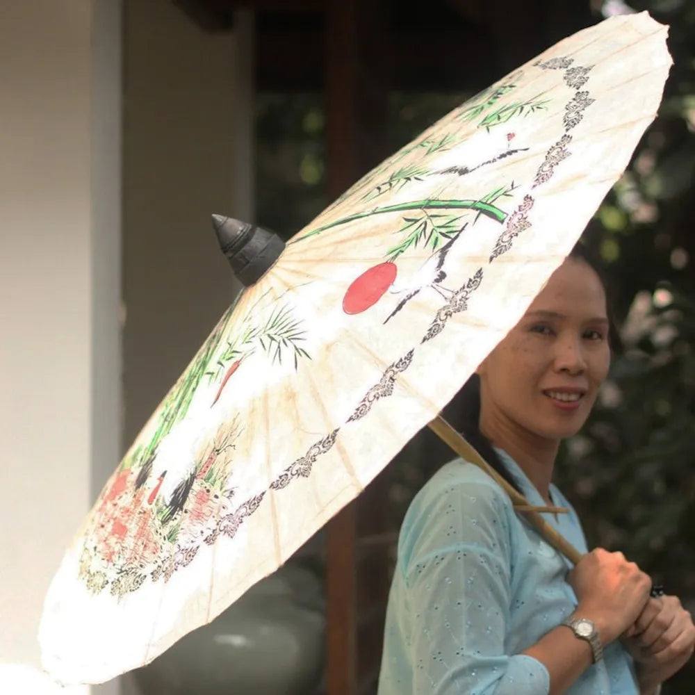 Paper And Bamboo Parasol with Asian Crane Motif 'Crane Morning'