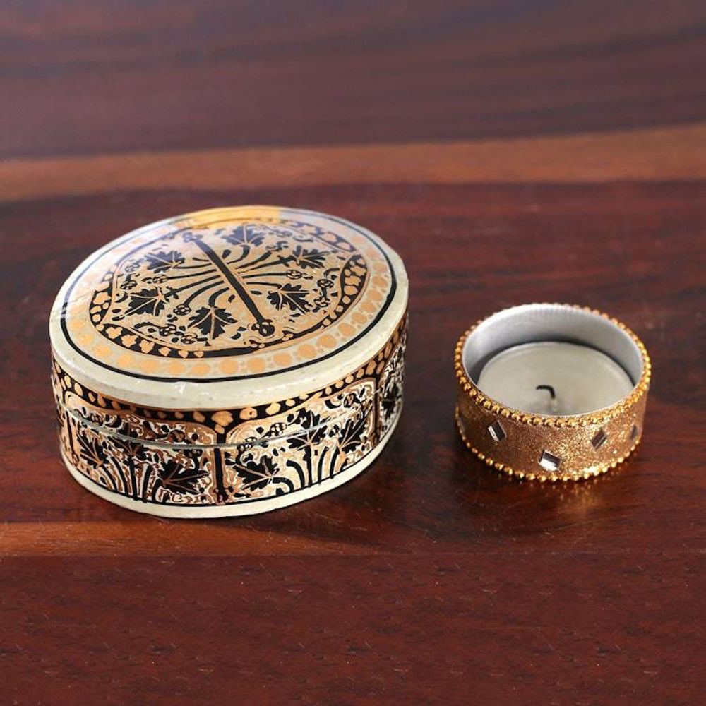 Artisan-Made Leaf-Themed Papier Mache Decorative Box Small 'Kashmir Wonder'