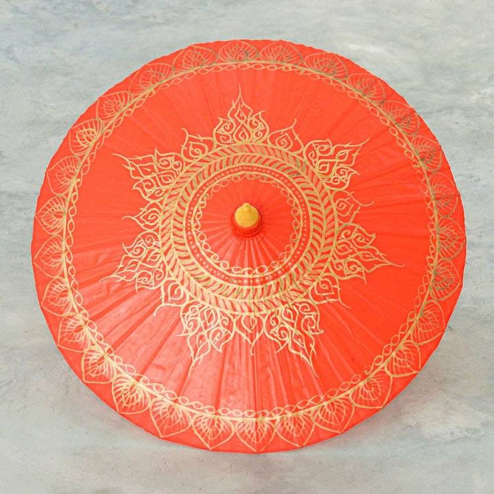 Cotton and Bamboo Thai Parasol Hand-Painted in Orange Gold 'Orange Splendor'
