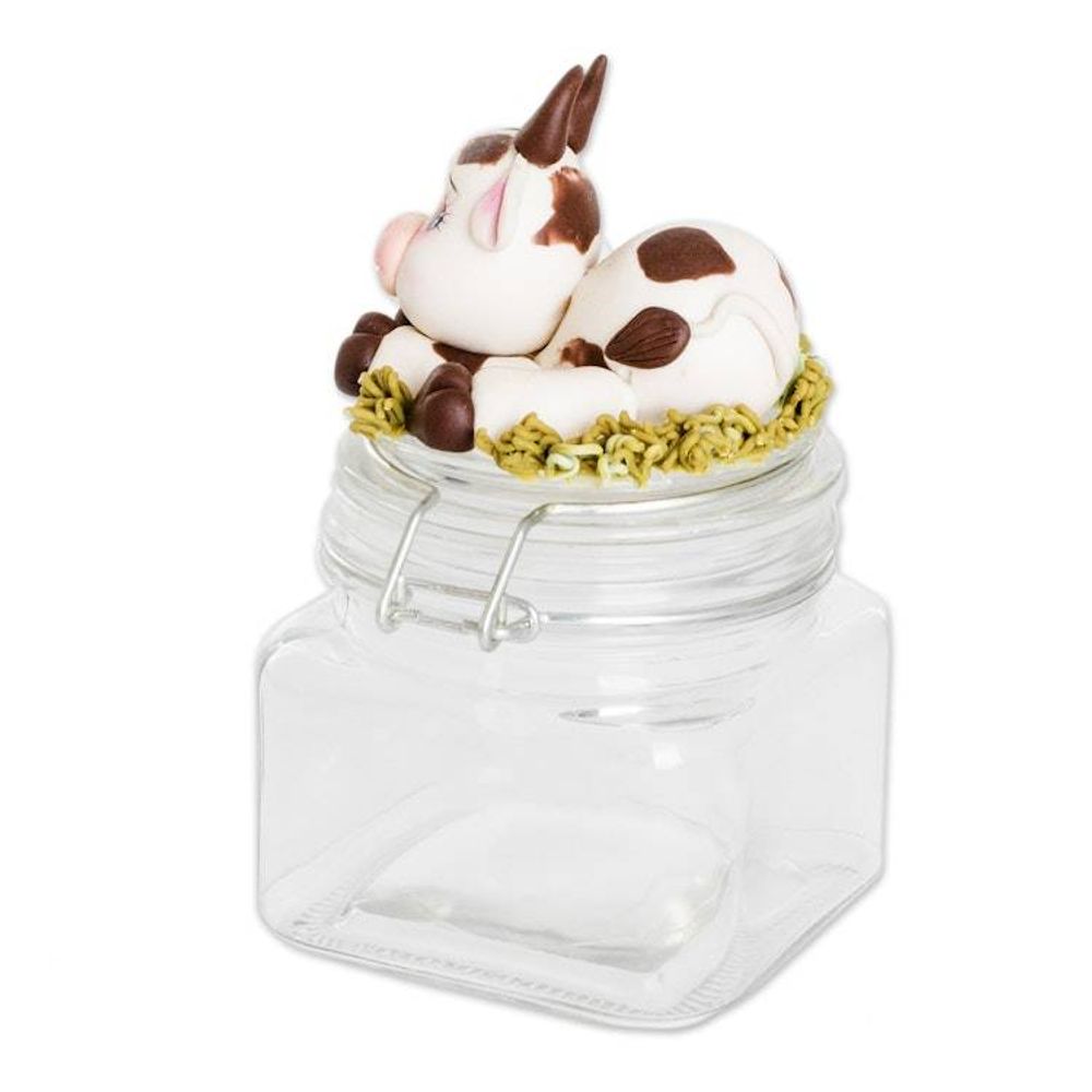 Hand-Painted Cow-Themed Papier Mache Decorative Jar 'Tenderness'