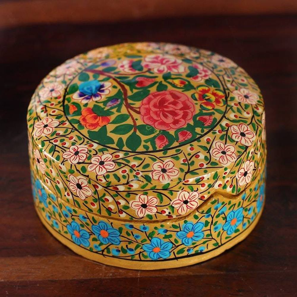 Baroque-Inspired Floral Round Papier Mache Decorative Box 'The Eternal Spring'