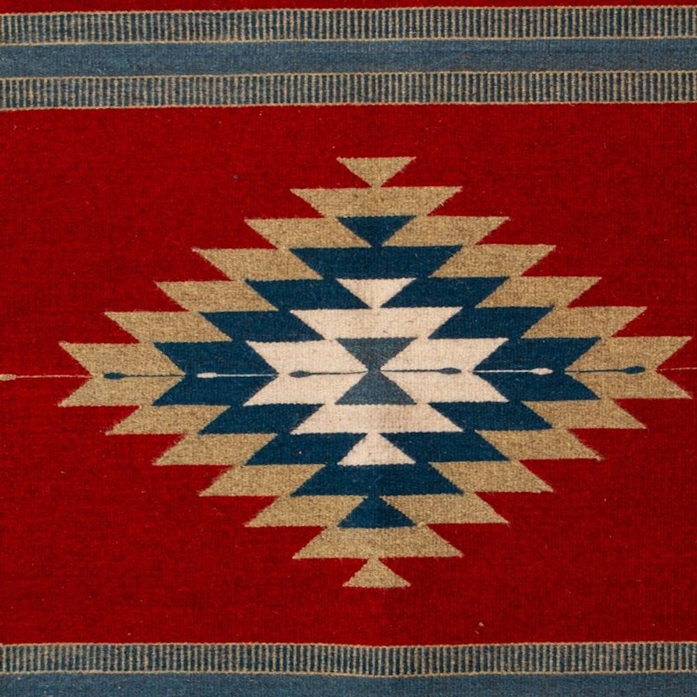 Artisan-Made Zapotec-Themed Russet and Blue Wool Rug 2.5x4 'Russet Gem'