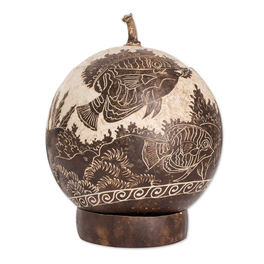 Sea Life-Themed Round Dried Gourd Decorative Accent 'Seafloor'