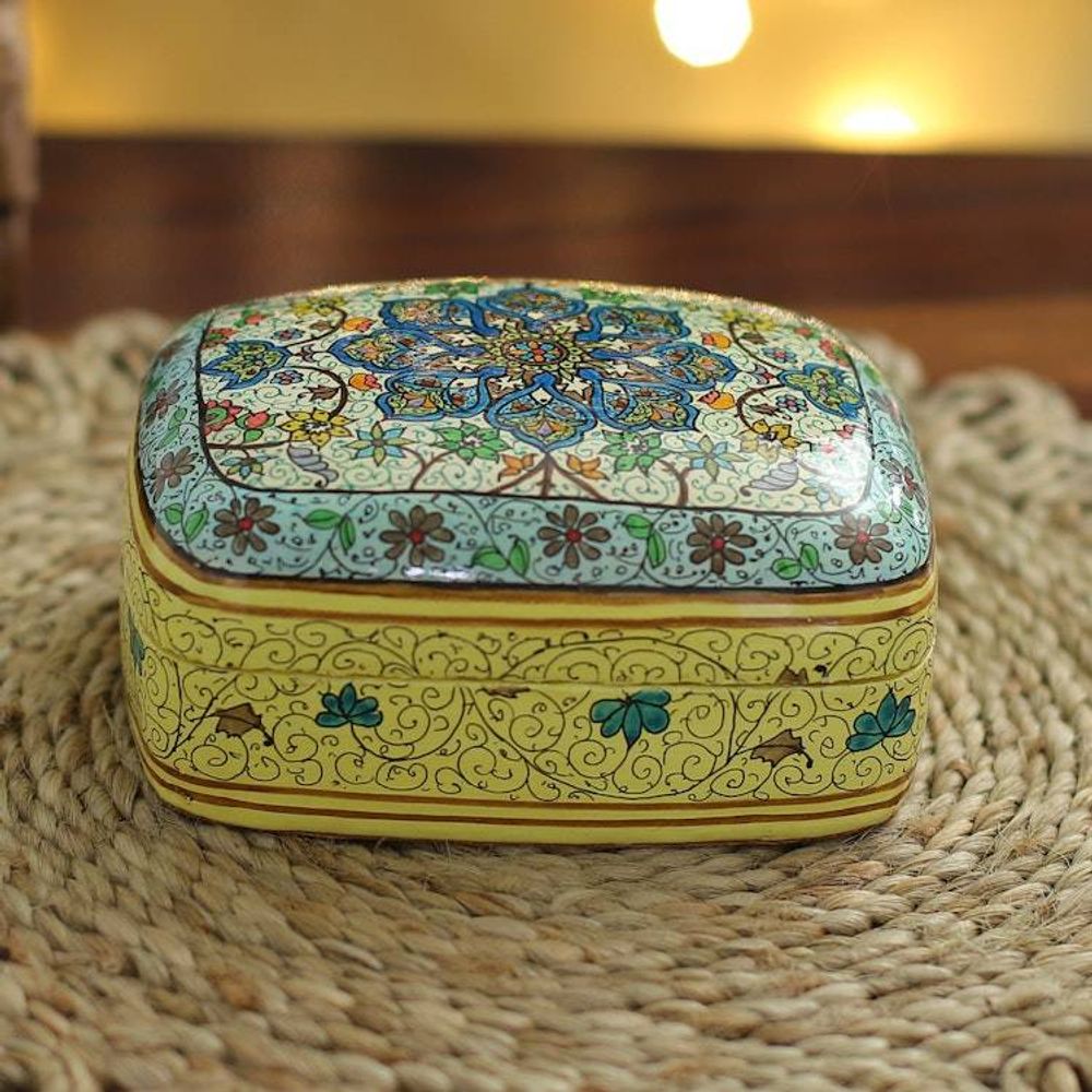 Hand-Painted Papier Mache on Wood Decorative Box from India 'Floral Majesty'